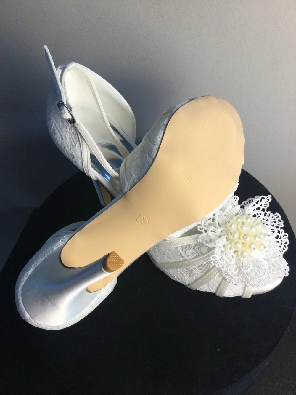 White Lace Pearl-Embellished T-Strap High Heel